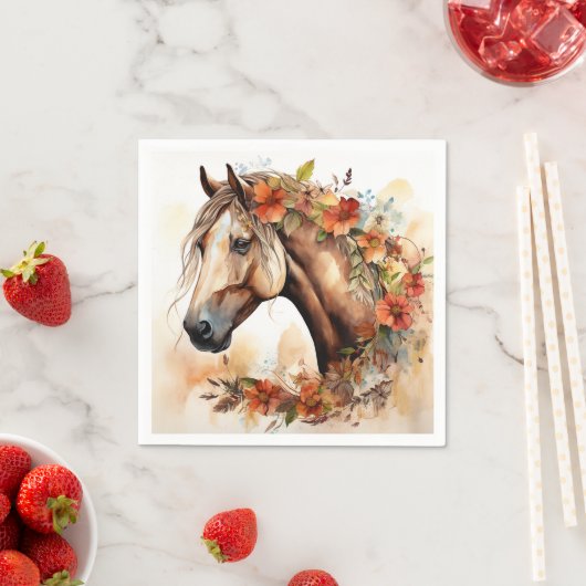 Serviette En Papier Beau Cheval aux jolies fleurs Aquarelle (En situation)
