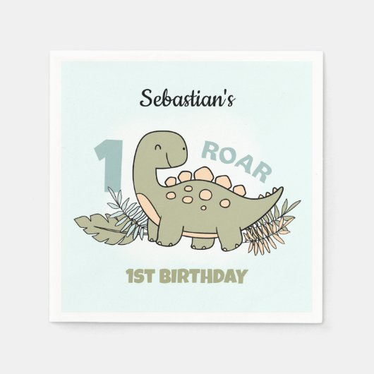 Serviette En Papier Beau Dinosaure Bleu Vert Garçon 1er Anniversaire (Devant)