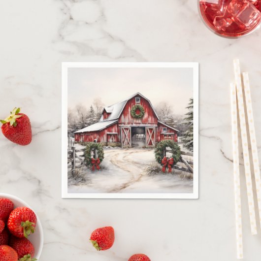 Serviette En Papier Beau hiver neigeux Rustic Red Grange Noël (En situation)