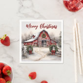 Serviette En Papier Beau hiver neigeux Rustic Red Grange Noël (En situation)