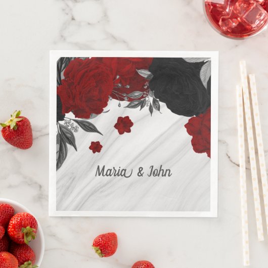Serviette En Papier Beau marbre noir & rouge fleurs (En situation)