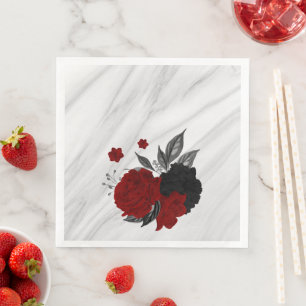 Serviette En Papier Beau marbre noir & rouge fleurs