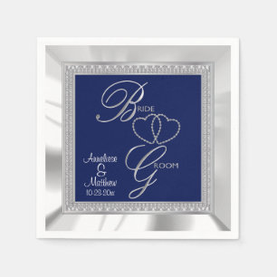 Serviette En Papier Beau Mariage Royal Bleu, Argent & Blanc Satin