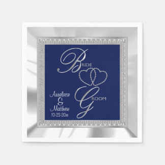 Serviette En Papier Beau Mariage Royal Bleu, Argent & Blanc Satin