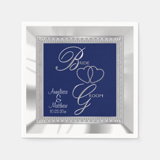 Serviette En Papier Beau Mariage Royal Bleu, Argent & Blanc Satin (Devant)