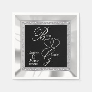 Serviette En Papier Beau Mariage satiné noir, argenté et blanc
