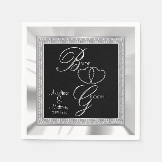 Serviette En Papier Beau Mariage satiné noir, argenté et blanc (Devant)