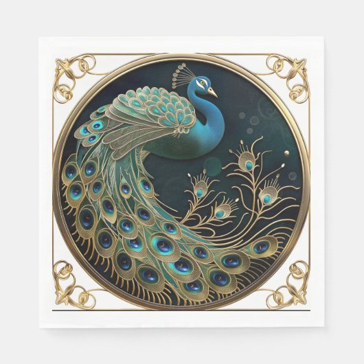 Serviette En Papier Beau Peacock Bleu Or Turquoise Art Déco (Devant)