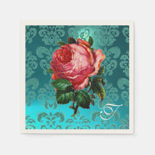 SERVIETTE EN PAPIER BEAU ROSE ROSE ROSE, TURQUOISE BLEU DAMASK MONOGRA