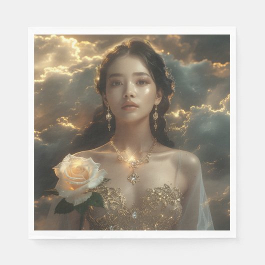 Serviette En Papier Beauté asiatique avec rose blanche (Devant)