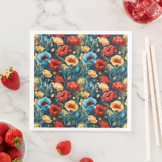 Serviette En Papier Beautiful Yellow Blue and Red Flowers Pattern (En situation)