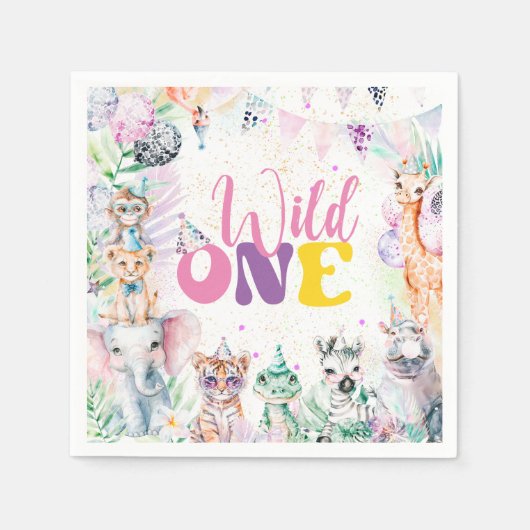 Serviette En Papier Beaux Animaux Safari Sauvage Un Anniversaire (Devant)