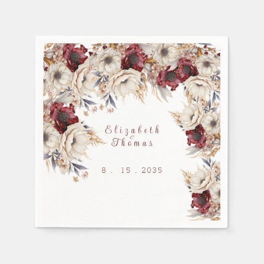 Serviette En Papier Beaux aquarelles Roses blanches Pavots de Bourgog (Devant)