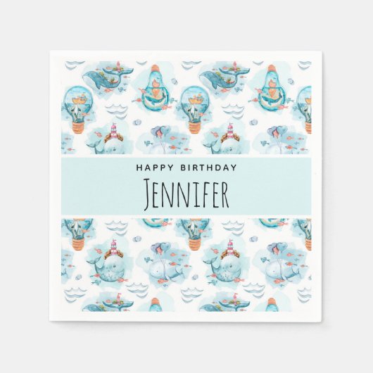 Serviette En Papier Beaux Baleines nautiques Aquarelle Motif Anniversa (Devant)