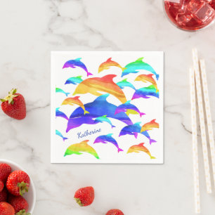 Serviette En Papier Beaux dauphins en arc-en-ciel avec prénom