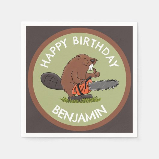 Serviette En Papier Beaver avec tronçonneuse drôle d'anniversaire pers (Devant)
