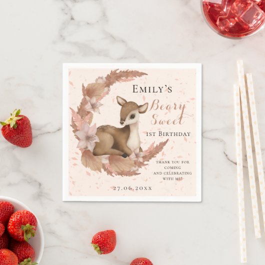 Serviette En Papier Bébé Bambi & Fleurs Lune Poussière Rose Anniversai (En situation)