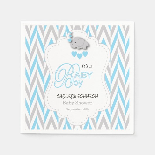 Serviette En Papier Bébé Bleu, Gris Blanc Eléphant Baby shower 2 (Devant)