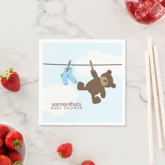 Serviette En Papier Bébé bleu, ligne et ours en peluche (En situation)