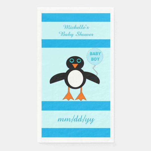 Serviette En Papier Bébé Bleu mignon Pingouin Baby shower personnalisé (Devant)