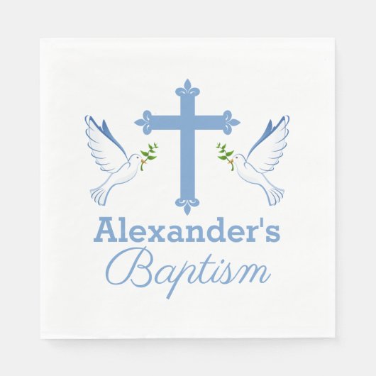 Serviette En Papier Bébé bleu Nom personnalisé Baptême avec croix et c (Devant)