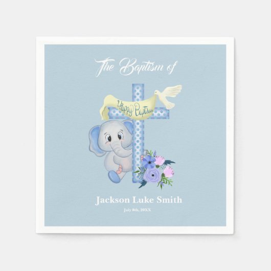 Serviette En Papier Bébé éléphant avec croix et colombe Baptême (Devant)