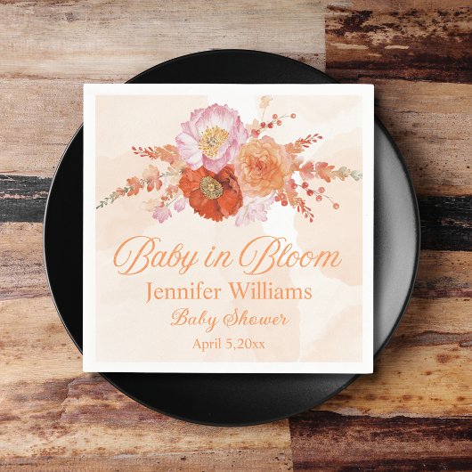 Serviette En Papier bébé en fleur, baby shower fleuri boho orange