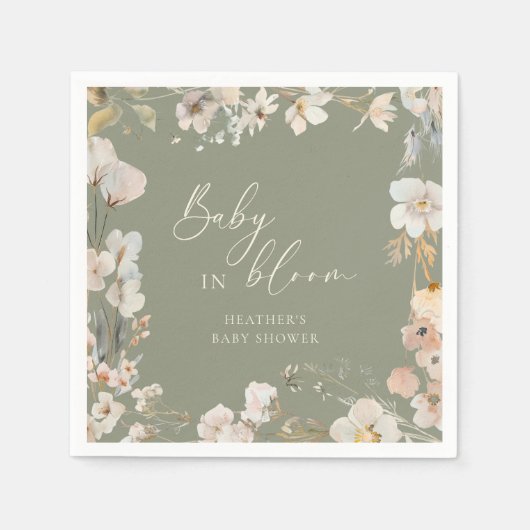 Serviette En Papier Bébé en fleurs Sage Baby shower Fleur sauvage vert (Devant)