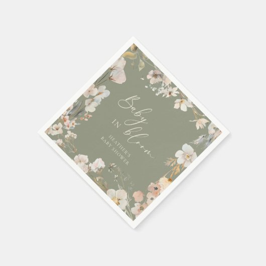 Serviette En Papier Bébé en fleurs Sage Baby shower Fleur sauvage vert (Coin)