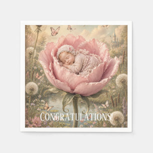 Serviette En Papier Bébé endormi dans une fleur rose Félicitations
