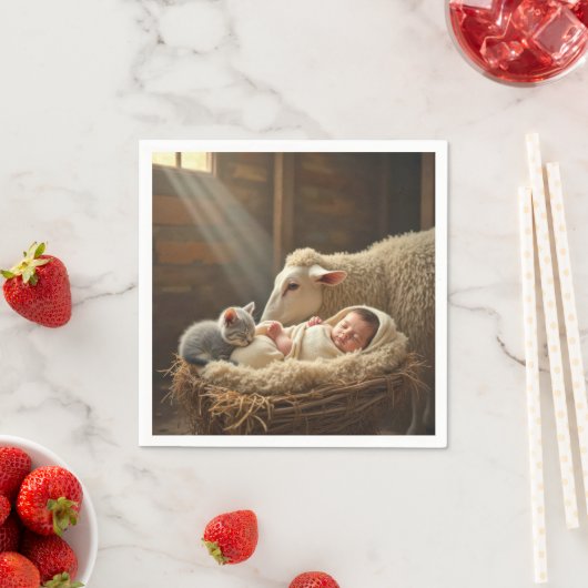Serviette En Papier Bébé et chaton dormant dans une grange (En situation)