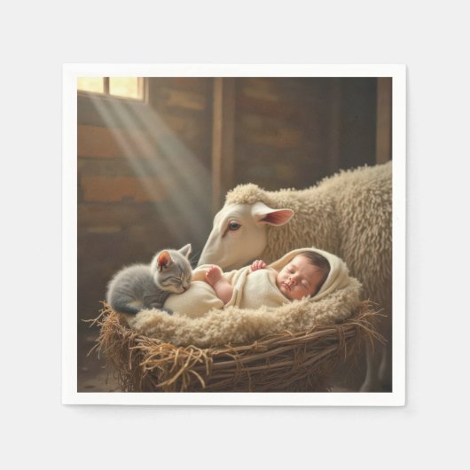 Serviette En Papier Bébé et chaton dormant dans une grange (Devant)