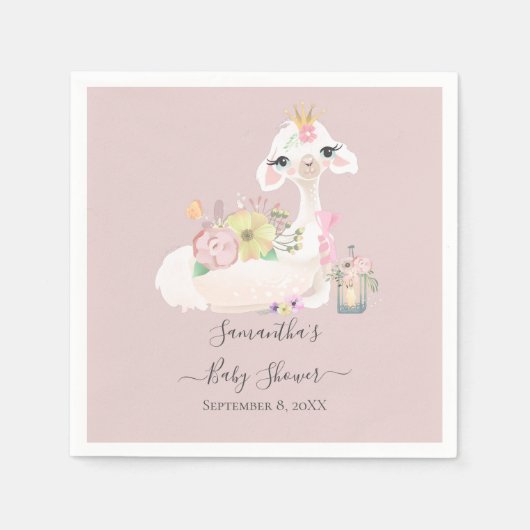 Serviette En Papier Bébé Llama Baby shower rose blanc Fleurs (Devant)