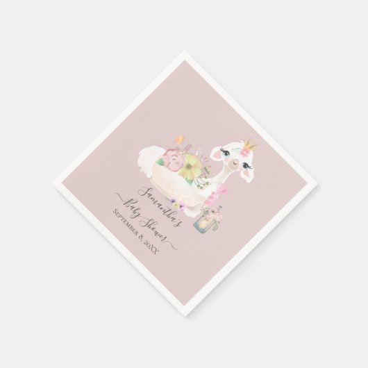 Serviette En Papier Bébé Llama Baby shower rose blanc Fleurs (Coin)