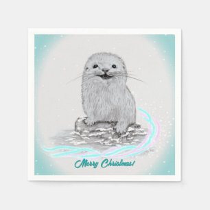 Serviette En Papier Bébé loutre de mer blanche mignonne, Joyeux Noël