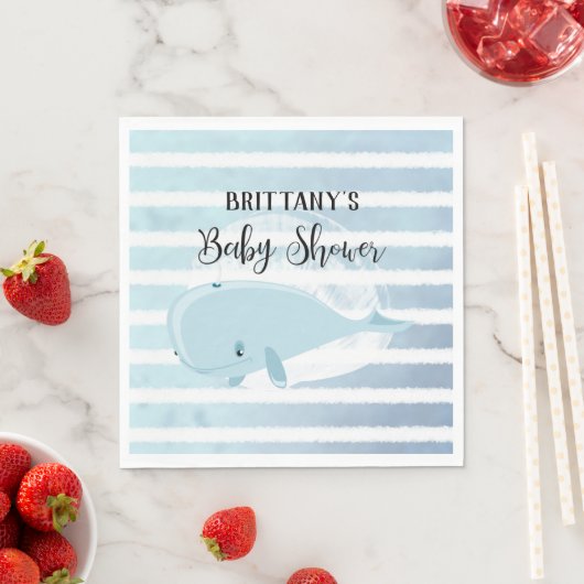 Serviette En Papier Bébé mignon Bleu Baleine Baby shower rayé (En situation)