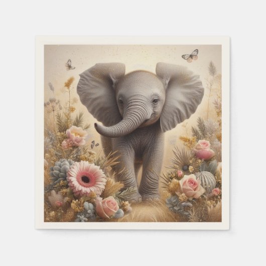 Serviette En Papier Bébé mignon éléphant et fleurs Fête des enfants (Devant)