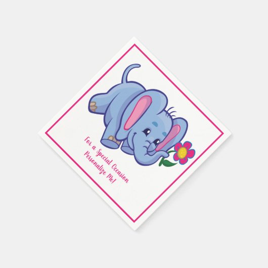 Serviette En Papier Bébé mignon Eléphant & Fleur Personnalisé (Coin)