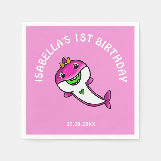 Serviette En Papier Bébé mignon requin rose 1er anniversaire (Devant)