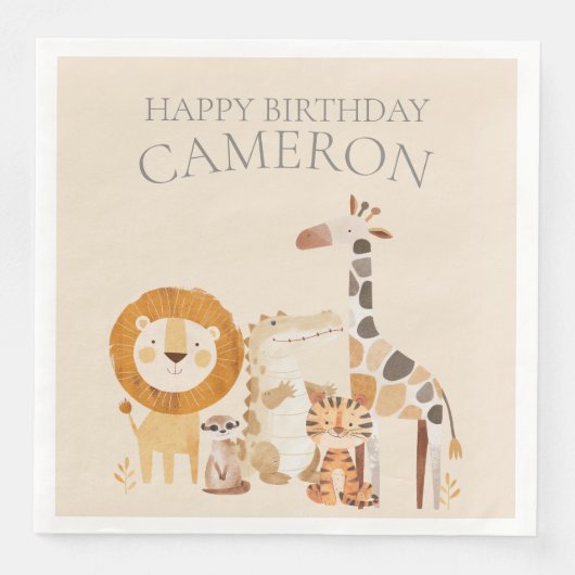 Serviette En Papier Bébé mignon Zoo Animaux Personnalisé Nom Beige (Devant)