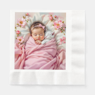 Serviette En Papier Bébé rose floral fille et chaton blanc