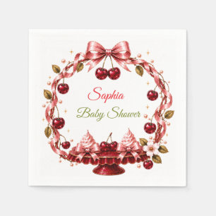 Serviette En Papier Bébé Ruban Cerise Fête Rose Satin Nœud Cerises