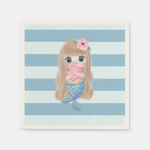 Serviette En Papier Bébé sirène adorable sur rayures bleu clair