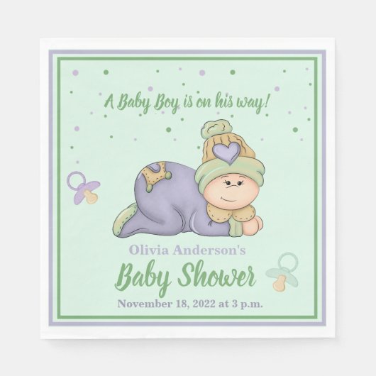 Serviette En Papier Bébé Snuggle - Baby shower vert & violet (Devant)