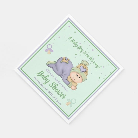 Serviette En Papier Bébé Snuggle - Baby shower vert & violet (Coin)