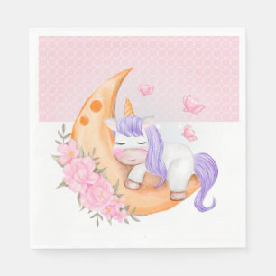 Serviette En Papier Bébé Unicorne au-dessus de la lune avec fleurs