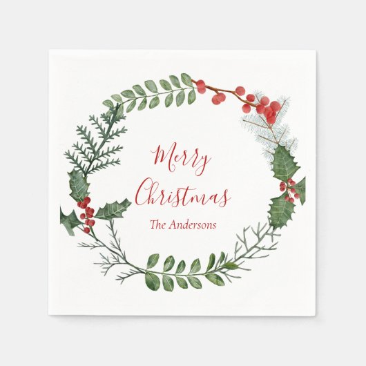 Serviette En Papier Belle aquarelle rouge et verte couronne de Noël (Devant)