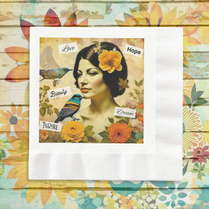 Serviette En Papier Belle femme Vintage aux oiseaux et aux fleurs