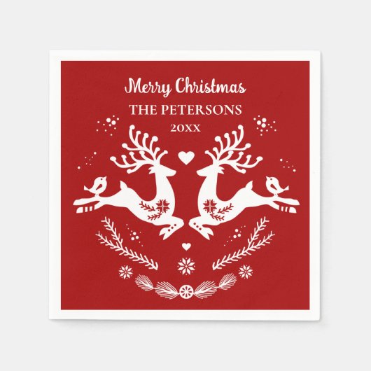 Serviette En Papier Belle Fête Scandi Rouge Blanc Noël Cerf (Devant)