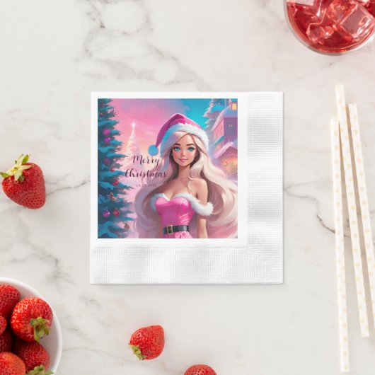 Serviette En Papier Belle fille de Noël rose 01 (En situation)